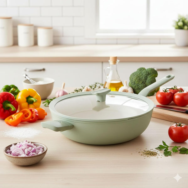 Leo Balance Ceramic Nonstick Wok Pan & Glass Lid, 12.75" 6.2Qt | Induction Compatible Flat Bottom Recycled Aluminum Stir Fry Pan, PFAS & PTFE Free, Stay Cool Helper Handle, Sage Green1