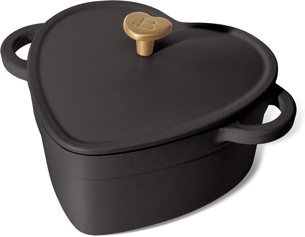 2QT Cast Iron Dutch Oven, Enameled Heart Shaped Casserole Dish with Lid, Oven Safe 500°F, Small Dutch Oven for Baking, Braising, Soups & Desserts (Black Sesame)1