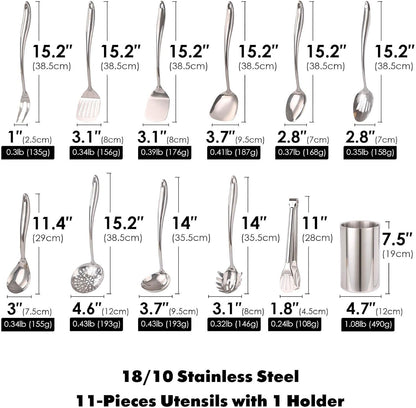 18/10 Stainless Steel Kitchen Utensils Set with Holder for Countertop | 15″ Spatula Spoon Set with Storage Organizer, 12-Pieces, Fork, Tongs, Spatula, Ladle, Skimmer, Turner, Spaghetti, Large Spoon2