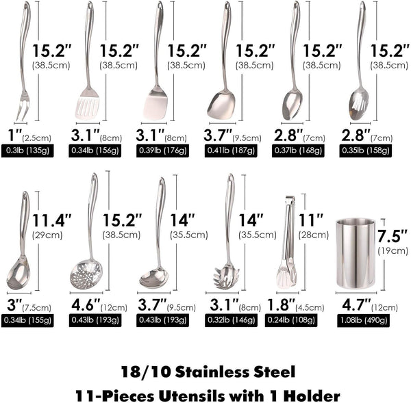 18/10 Stainless Steel Kitchen Utensils Set with Holder for Countertop | 15″ Spatula Spoon Set with Storage Organizer, 12-Pieces, Fork, Tongs, Spatula, Ladle, Skimmer, Turner, Spaghetti, Large Spoon2