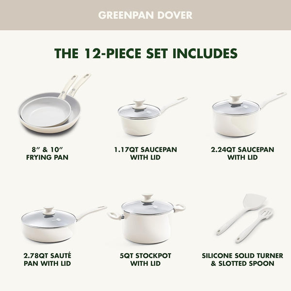 Dover Healthy Ceramic Nonstick, 12 Piece Cookware Pots and Pans Set, Pfas-Free, Dishwasher Safe, Comfort Grip Handle, Cream White3
