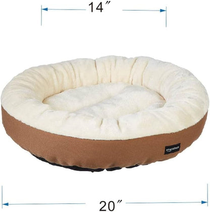 Amazon Basics round Bolster Pet Bed for Dog or Cat with Flannel Top, 20.0" L X 20.0" W X 6.0" Th, up to 11Lbs, Brown and Ivory5