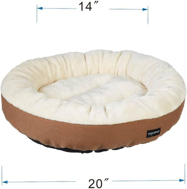 Amazon Basics round Bolster Pet Bed for Dog or Cat with Flannel Top, 20.0" L X 20.0" W X 6.0" Th, up to 11Lbs, Brown and Ivory5