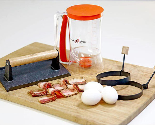 Blackstone 1543 Outdoor Griddle Breakfast Preparation Kit with Pancake Batter Dispenser, Cast Iron Bacon Press, and 2 Non Stick Steel Egg Rings | Batter Dispenser, Bacon Press, Two Egg Rings5