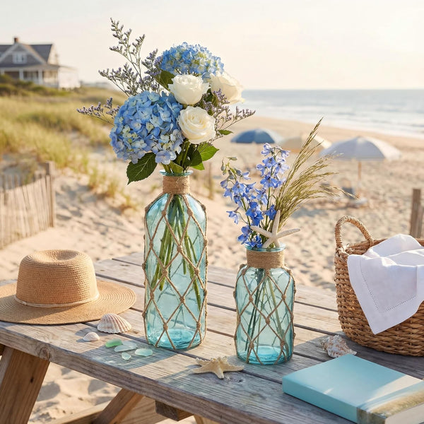 Set of 2 Coastal Glass Flower Vase with Boho Rope, Light Blue | Coastal Vase, Small Sea Glass Jar, Nautical Beach Bottle for Wedding Table Centerpieces Floral Arrangement Decor6