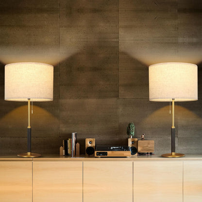 26.4" Set 2 Pull Chain Table Lamp Modern Mid Century Bedside Lamps for Living Room End Tables 3-Color Light for Bedroom, Solid Wood/Metal/Fabric Lamp for Home/Office/Desk (Light Brown+Brass)8