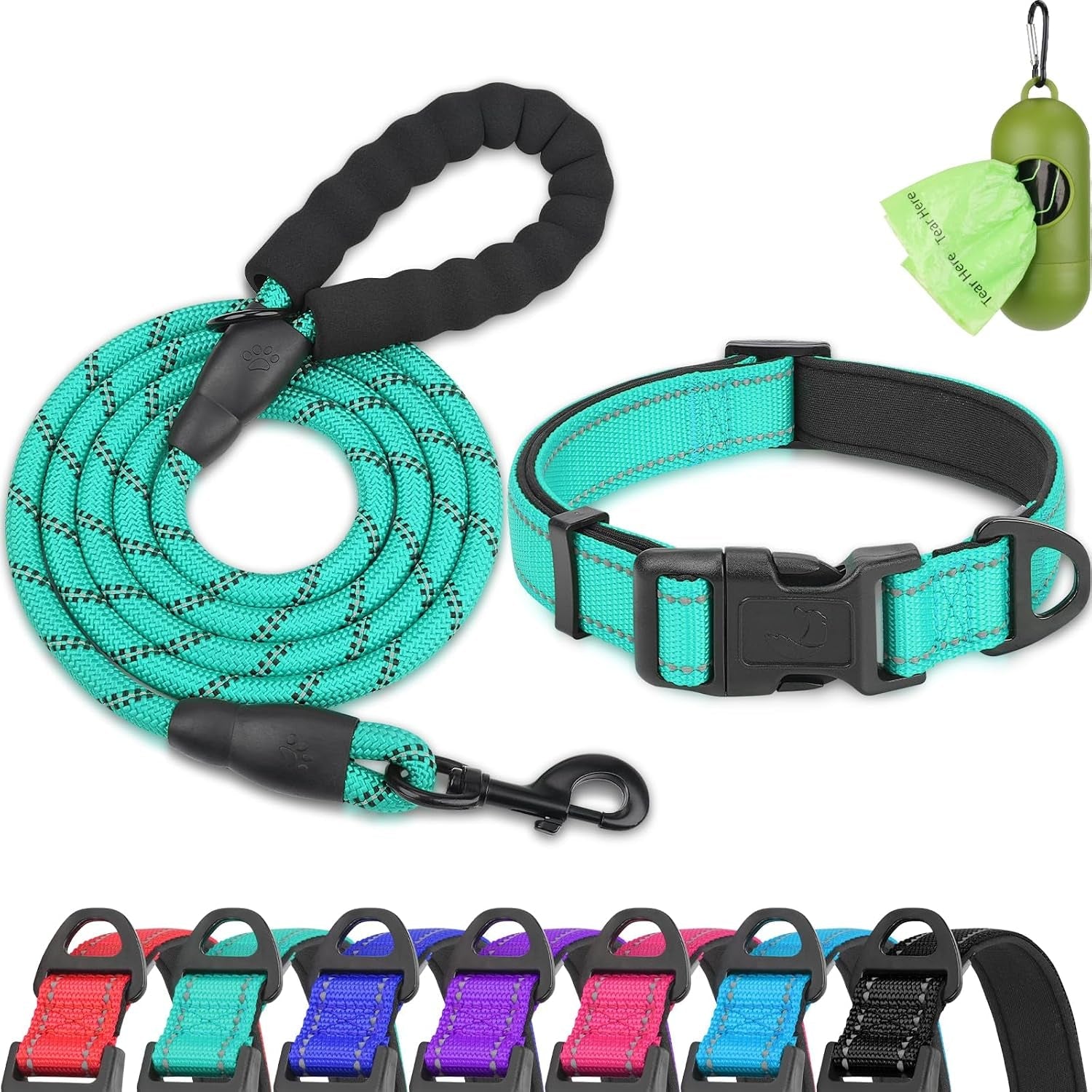 dynmeow-reflective-dog-collar-and-leash-set-for-large-dogs-teal-soft-neoprene-padded-6ft-climbing-rope-ideal-for-daily-outdoor-walking-or-indoor-wearing-night-visible-for-safety