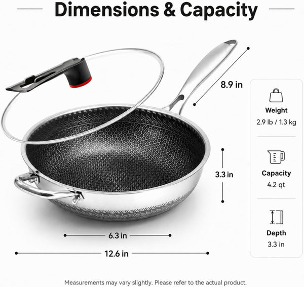 Stainless Steel Wok Pan with Lid, 12.6 Inch Honeycomb Hybrid Nonstick Stir Fry Pan, Tri-Ply Clad Skillet for Induction Electric Gas Stove, Dishwasher Safe, No Seasoning Needed (Serves 3-4)2