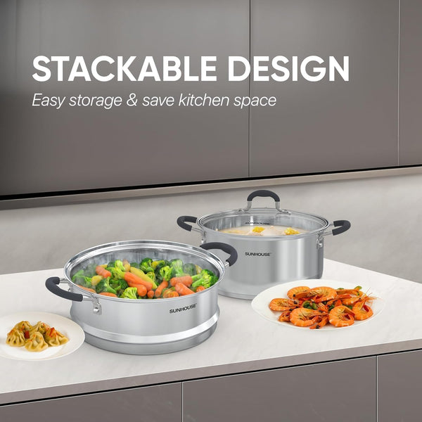 : 2-Tier Stainless Steel Steamer Pots - 3.1 Quart - Tempered Glass Lid, 3-Ply Bottom, Vegetable-Dumpling-Food Cookware, Dishwasher & Oven Safe | Steaming Pot with Glass Lid & Steamer Basket8