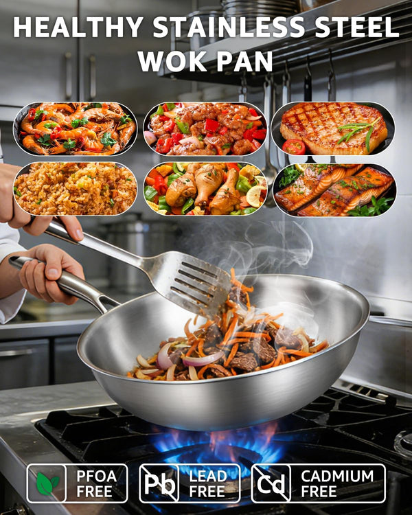 13 Inch Tri-Ply Stainless Steel Wok Pan, Uncoated Wok for Stir Fry | PFOA/PFOS Free, Heavy-Gauge Flat Bottomed Cookware, Suitable for Induction & Electric Stoves, Detachable Handle4