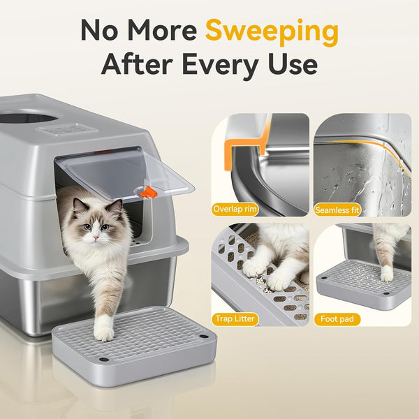 XL Enclosed Stainless Steel Litter Box with Lid, Light Gray | Covered, High Sided, Rustproof & Leak Proof, Easy Clean, Odor Control, Includes Scoop & Step5