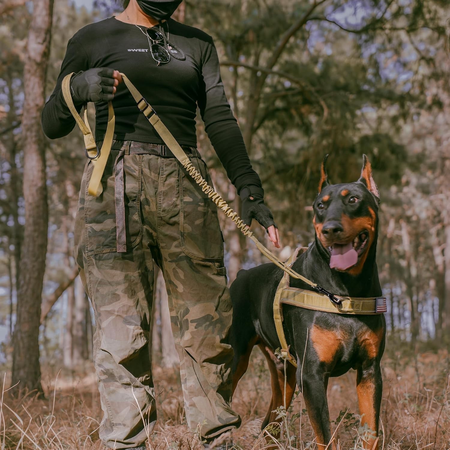 forestpaw-tactical-dog-leash-for-large-dogs-khaki-4-5ft-heavy-duty-bungee-shock-absorption-2-padded-handles-for-training-running-walking