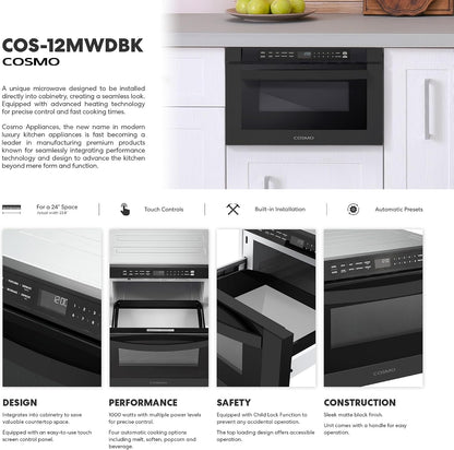 24 In. Haven Collection 1.2 Cu. Ft. Built-In Microwave Drawer, Matte Black |  COS-12MWDBK Touch Controls, 11 Power Levels, 1000W, Child Lock Function, Defrost Functions, Automatic Presets3