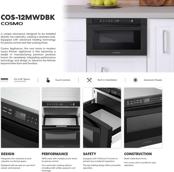 24 In. Haven Collection 1.2 Cu. Ft. Built-In Microwave Drawer, Matte Black |  COS-12MWDBK Touch Controls, 11 Power Levels, 1000W, Child Lock Function, Defrost Functions, Automatic Presets3