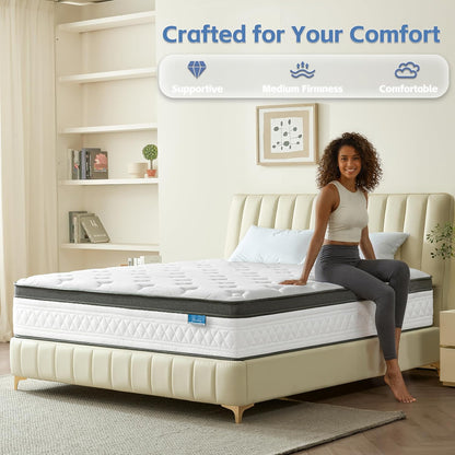 Queen Mattress, 12 Inch Cooling Hybrid Queen Size Mattress in a Box, Medium Firm with Gel Memory Foam & Pocket Coils, Motion Isolation, Pressure Relief, Certipur-Us6