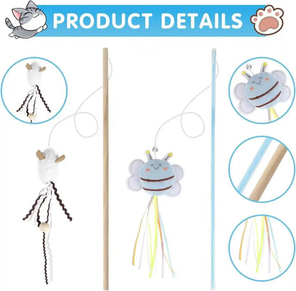 NOWFRESH Cat Wand Toy Set, 2 PCS Interactive Cat Teaser Wands with Cute Bee & Mouse Designs, Equipped with Bells and Streamers to Captivate Your Cat’S Attention3