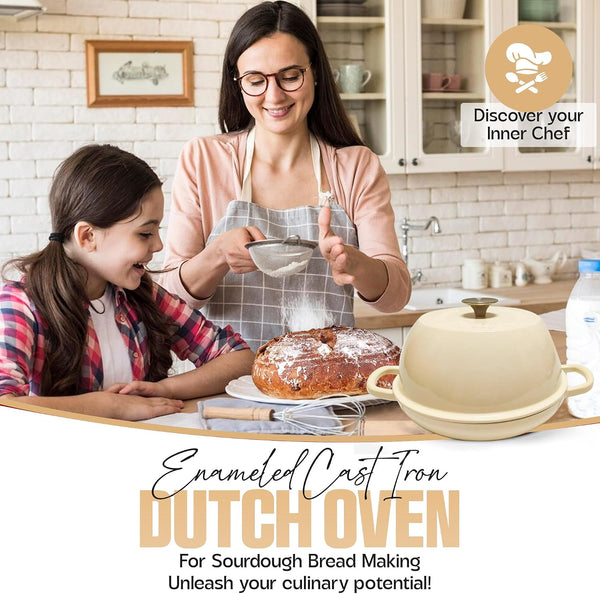 Enameled Cast Iron Dutch Oven Pot with Lid - Dutch Oven for Sourdough Bread Baking - with 5 Blade Bread Lame & Non-Stick Silicone Sling Perfect for Sourdough Breads & More. Cast Iton Enamel Braiser Pan with Lid (WHITE, 6 Quart Sourdough Pot)2