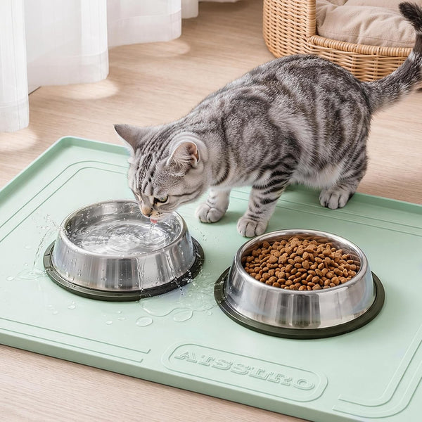 22X19 Pet Feeding Mat Waterproof Nonslip Cats and Dogs Water Bowl Mat | Silicone 0.59" Raised Edges Contain Food & Water Spills, Easy to Clean, Bpa-Free, Reinforced to Resist Collapse,Light Green1