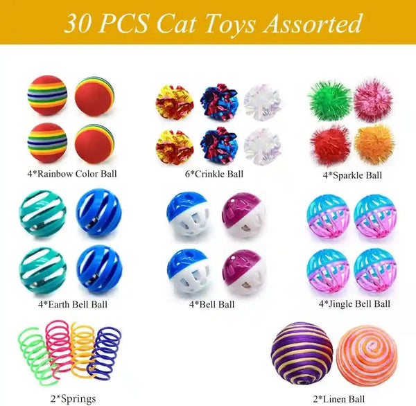 LASOCUHOO Cat Toys Kitten Assortment - Rainbow, Crinkle, Sparkle, Bell & Sisal Balls for All Cats - 30 Packs2