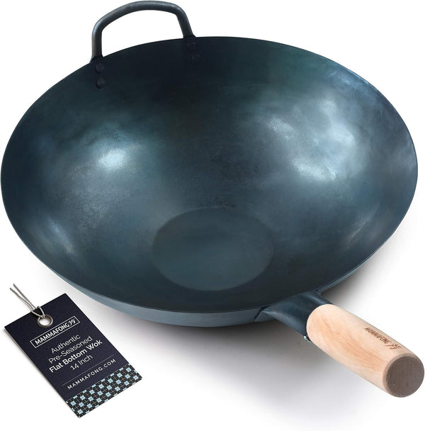 Pre Seasoned Blue Carbon Steel Flat Bottom Wok -14 Inch Chinese Pow Wok - Traditionally Hand Hammered Woks and Stir Fry Pans1