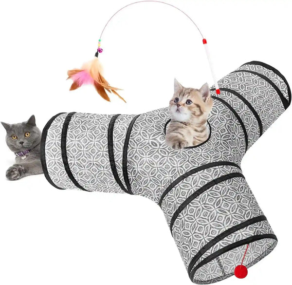 Tempcore Pet Cat Tunnel Tube Toys 3 Way Collapsible, Tunnels for Indoor Cats, Interactive Tube with Teaser Wand, Peek Holes & Hanging Ball, Black & Blue21