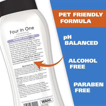 Wahl USA 4-In-1 Calming Dog Shampoo with Lavender Chamomile Scent – Cleans, Conditions, Detangles, & Moisturizes - Pet Friendly Formula - 24 Oz - Model 820000A3