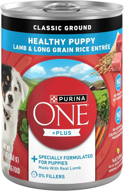 Purina ONE plus Wet Puppy Food Classic Ground Healthy Puppy Lamb and Long Grain Rice Entree - (Pack of 12) 13 Oz. Cans1