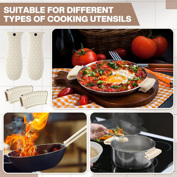 8Pcs Silicone Cast Iron Handle Cover,Khaki | Heat Resistant Pot Holders, Non Slip Pan Handle Sleeve for Kitchen, Reusable Grip Covers for Frying Pans and Skillets3