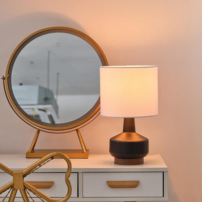 15" Ceramic Table Lamp, Matte Black Base, Wood-Toned Accent, White Linen Shade, Dual Rotary Switch, Modern Bedroom or Office Lighting, 610000463