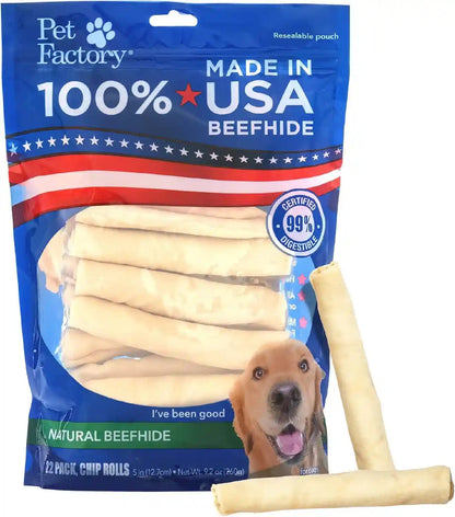 Pet Factory 100% Made in USA Beefhide Chip Rolls Dog Rawhide Chews, Thick, Dog Chews Long Lasting from American Cattle, Dog Chew Bones, 5 Inches (Pack of 22)1