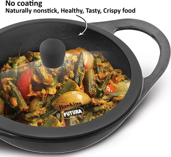 Futura 2 Litre Cast Iron Kadhai, Naturally Nonstick Cast Iron Kadai with Glass Lid, Cast Iron Cookware for Kitchen, Black (CIK20G)2