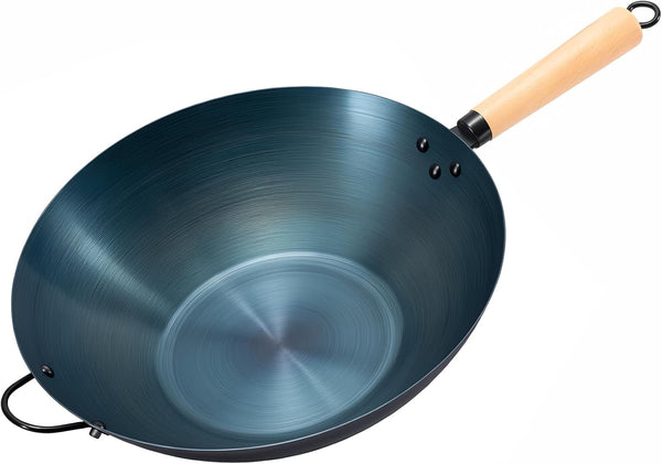 13.5 Inch Carbon Steel Wok Pan, Pre-Seasoned Flat Bottom No Chemical Coating Pow Wok, Compatible with Induction, Electric, Gas and Open Fire, Ideal for Home Cooking and Camping, Blue1