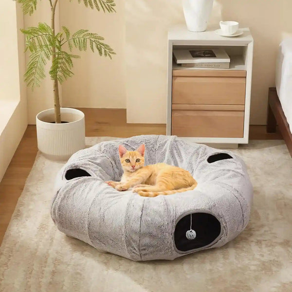 WINDRACING Cat Tunnel Bed for Indoor Cats - Cute Cat Donut Tunnel with Washable Circle Cushion, round Pet Play Toy for Kitten/Puppy/Rabbit, Grey3
