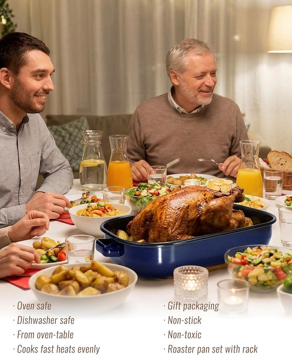 Roasting Pan for Oven with Rack 6-Piece Enamel Deep Lasagna Baking Dish 14&17 Inch, 572°F High Temp Resistance Dishwasher Safe Non-Stick Easy-To-Clean, Large Turkey Ham Roaster Housewarming Gift4