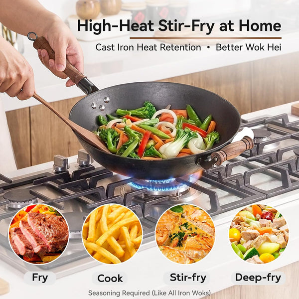 12.6 Inch Cast Iron Wok Pan with Wood Lid, Uncoated Flat Bottom Chinese Stir Fry Pan, Heavy Duty Wok for Induction, Gas and Electric Stoves4