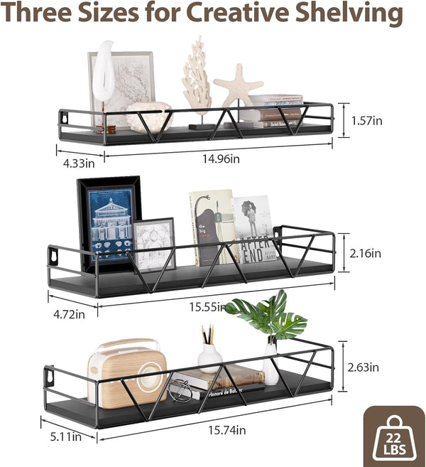 Floating Shelves for Wall Set of 3, Shelf for Home Storage Decor | Wall Mounted Hanging Shelves for Living Room, Bedroom, Bathroom, Kitchen - Black3