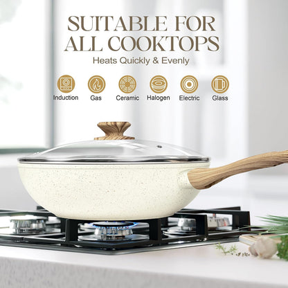 12 Inch Wok Pan with Lid - Woks & Stir-Fry Pans Nonstick Wok with Lid, Stir Fry Pan with Cool-Touch Handle, Induction Wok Set with Stainless Steamer & Fryer Basket3