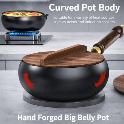 Japanese Cast Iron Wok with Wooden Lid & Spatula, 11 Inch Hand-Hammered Uncoated Iron Pot, Naturally Non-Stick Frying Pan, Heavy Duty Cookware for Induction, Gas & Electric Stoves (Glass Lid, 10.2In)5
