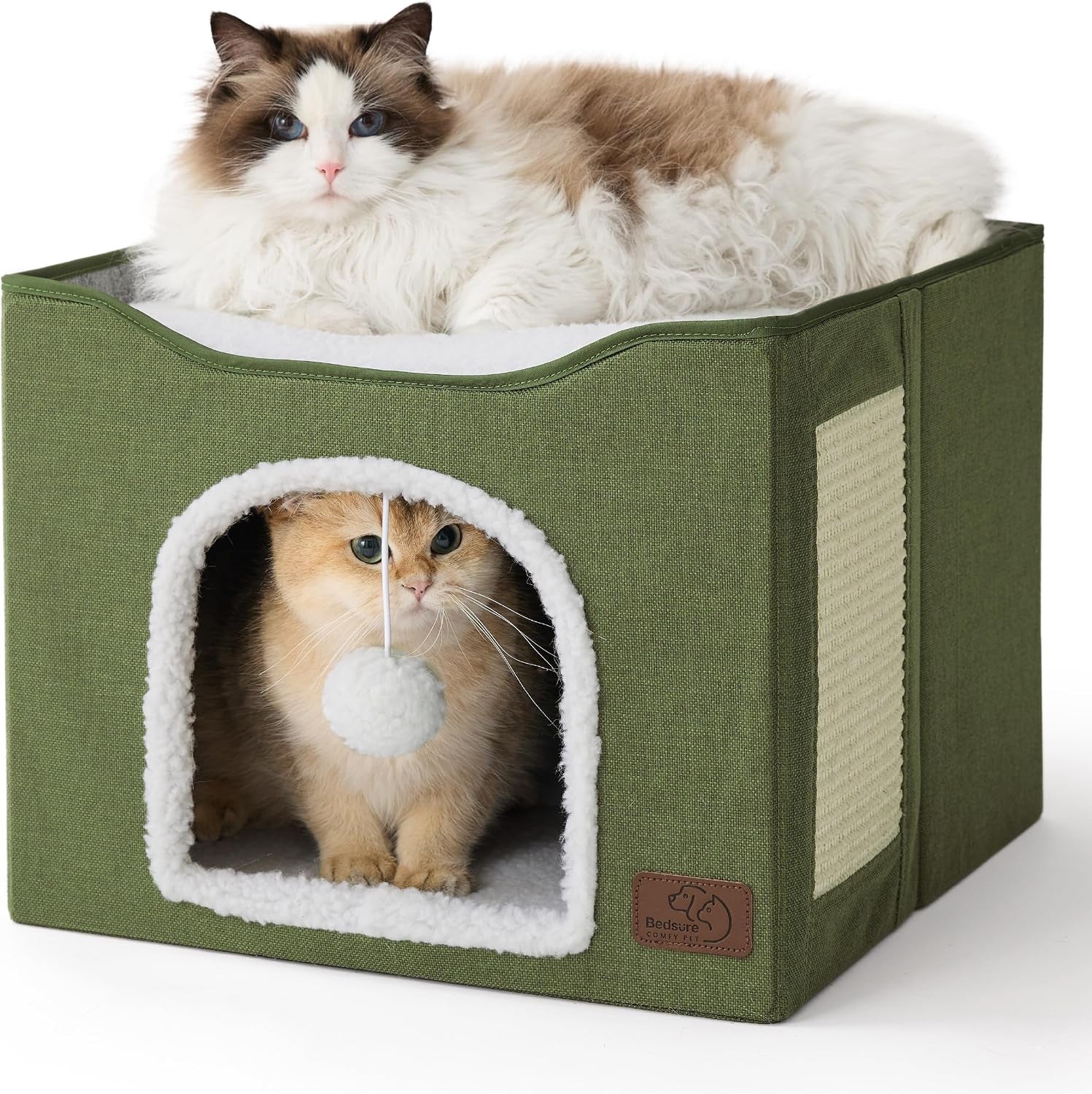 bedsure-cat-house-bed-for-indoor-cats-with-fluffy-ball-and-scratch-pad-grey-16-5x16-5x13-in-large-cat-cave-for-multiple-pets-foldable-cat-hideway-cube-for-sleeping-kitten