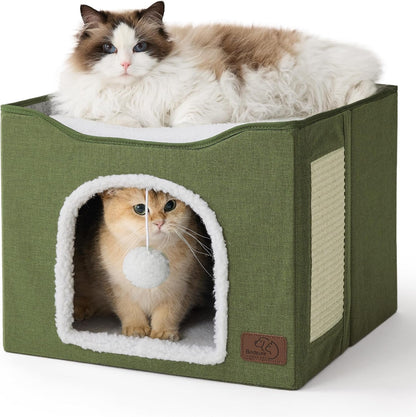 Bedsure Cat House Bed for Indoor Cats with Fluffy Ball and Scratch Pad,Grey | 16.5X16.5X13 In,Large Cat Cave for Multiple Pets,Foldable Cat Hideway Cube for Sleeping Kitten18
