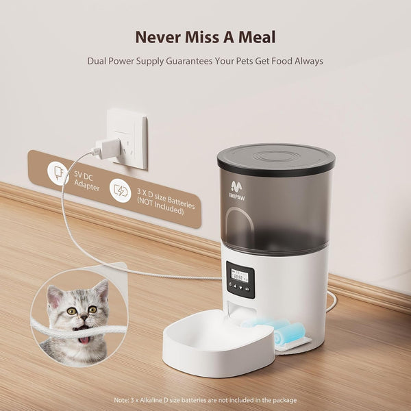 IMIPAW Automatic Cat Feeder and Water Fountain, Timed Dry Food Dispenser, Programmable Portion Control, 1-6 Meals per Day, Desiccant Bag, Cat Fountains for Drinking with Filter, Small Pets (3L Combo)3