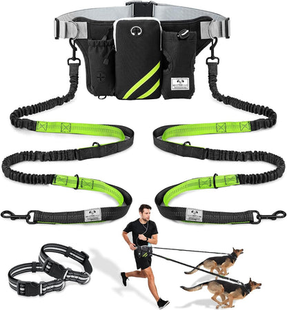 SHINE HAI Retractable Hands Free Dog Leash with Dual Bungees for 2 Dogs, Adjustable Waist Belt Fanny Pack, Reflective Stitching Leash for Running Walking Hiking Jogging Biking Black10