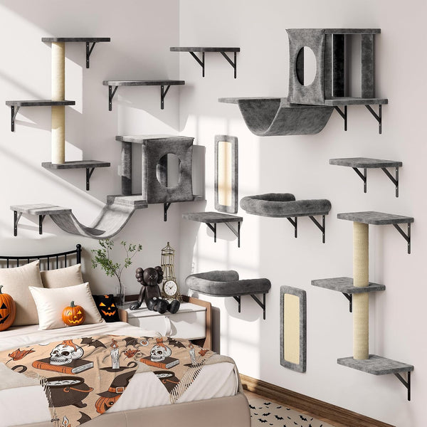 12-In-1 Cat Wall Shelves, Wall Mounted Cat Climber | with Condo House, Scratching Post, Bridge Ladder, Space-Saving Indoor Play Furniture for Kittens, Black17