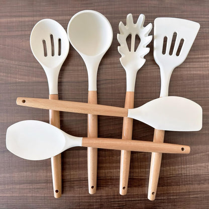 Kitchen Cooking Utensils Set 6Pcs Non-Stick Silicone Kitchen Utensils Spatula Spoon Turner Ladle Pasta Server, Heat Resistant Wooden Handle Silicone Cooking Gadgets Sets for Cookware & Baking6