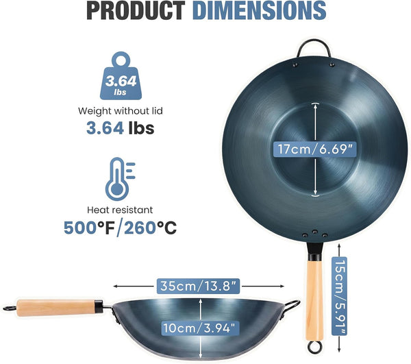 13.5 Inch Carbon Steel Wok Pan, Pre-Seasoned Flat Bottom No Chemical Coating Pow Wok, Compatible with Induction, Electric, Gas and Open Fire, Ideal for Home Cooking and Camping, Blue2