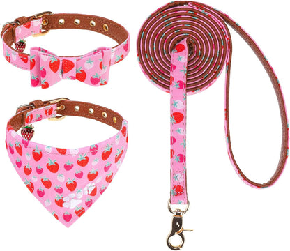 EXPAWLORER Puppy Collar and Leash Set - Embroidery Pawprints Plaid Dog Collar and Dog Leash Set, Bow Tie and Bandana Dog Collar with Bell, Cute Collar and Leash for Dogs Cats Outdoor Walking, Blue S23