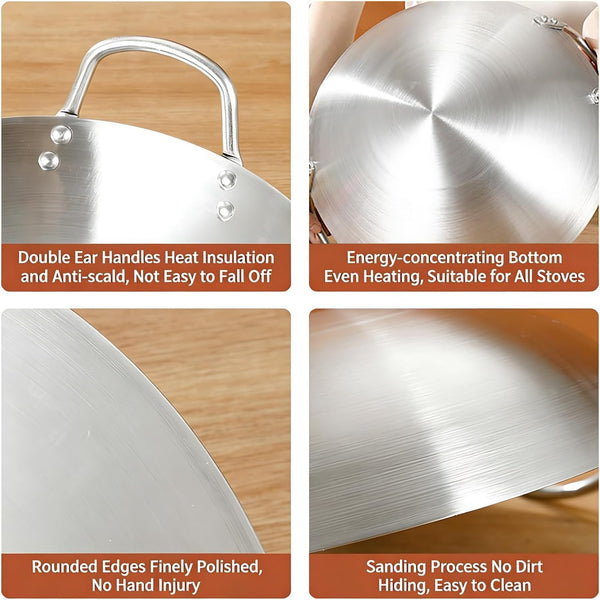 Stainless Steel Wok round Bottom Frying Pan Double Handle Heated Evenly Portable Cookware Traditional Tableware Cooking Pot Wok for Kitchen Outdoor,38Cm4