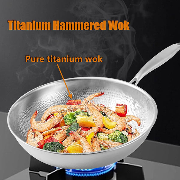 Titanium Wok, Pure Titanium Hammered No Coating Non-Stick Cookware, Frying Pans, Ultra-Durable, Scratch-Resistant, Dishwasher&Oven Safe, Kitchen Induction Compatible,Smooth,12Inch2