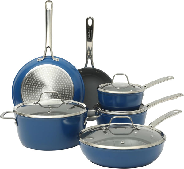 Sur La Table Kitchen Essentials Cool Commune Hard Anodized 10 Piece PFA Free Ceramic Non Stick Interior Forged Durable Aluminum Pots and Pans Cookware Set - Blue - Induction Compatible1