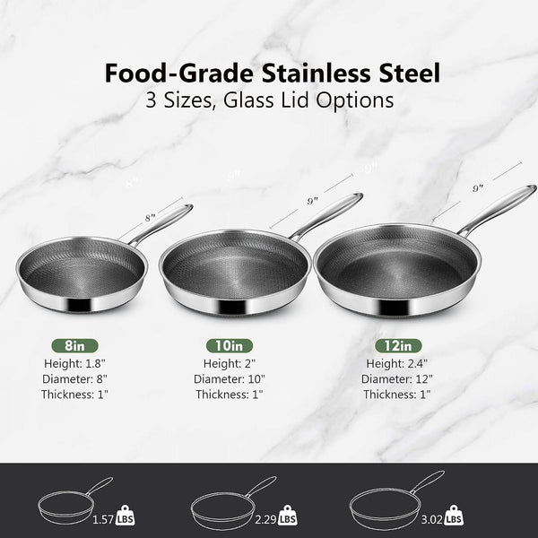 Frying Pans, 12-Inch Hybrid Frying Pans Stainless Steel Skillets, Dishwasher & Oven-Safe, Stay-Cool Handle, PFOA Free Cookware, Compatible with All Cooktops8